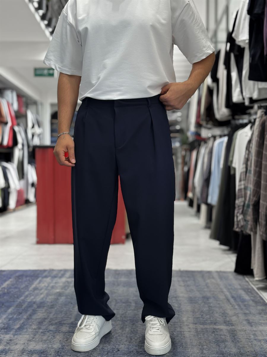 Navy Pleated Straight Leg Trousers