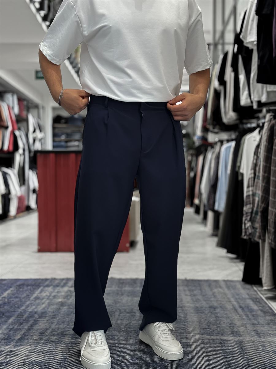 Navy Pleated Straight Leg Trousers