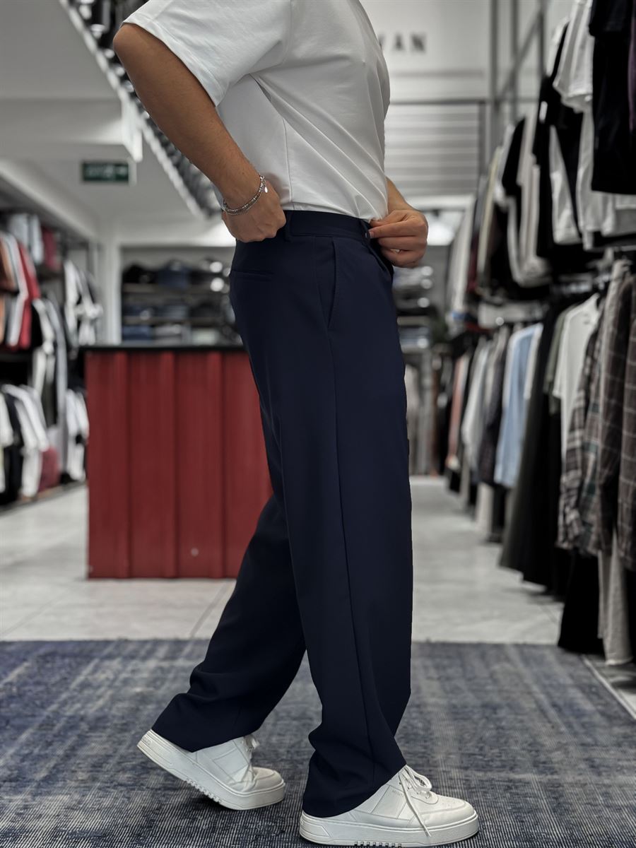 Navy Pleated Straight Leg Trousers