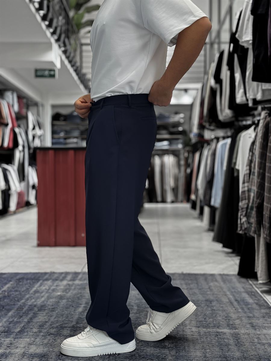Navy Pleated Straight Leg Trousers