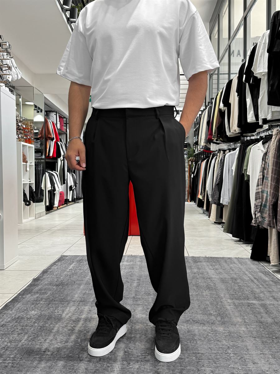 Black Pleated Straight Leg Trousers