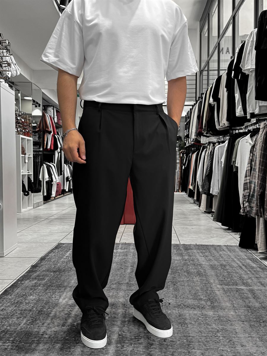 Black Pleated Straight Leg Trousers